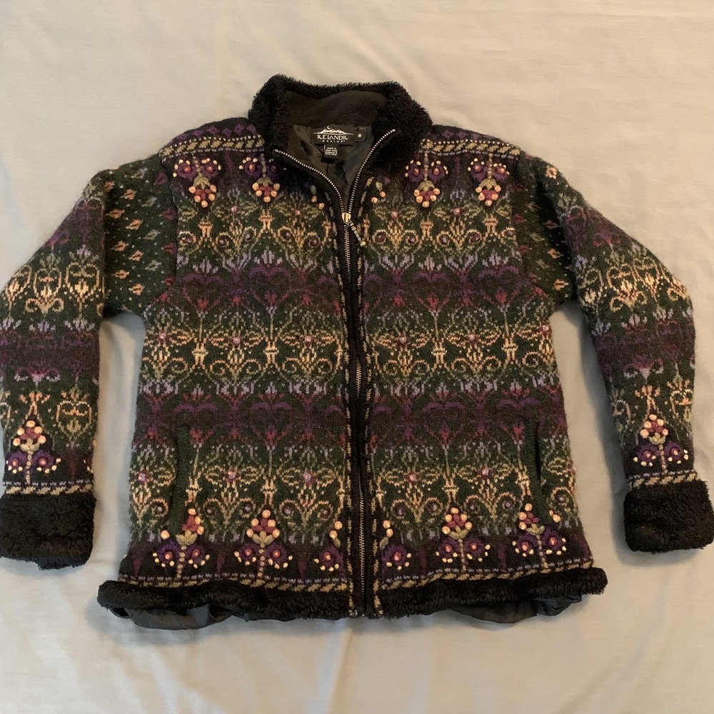 Icelandic Design Sweater Womens Medium Green Fair Isle Beaded Full‎ Zip Lined